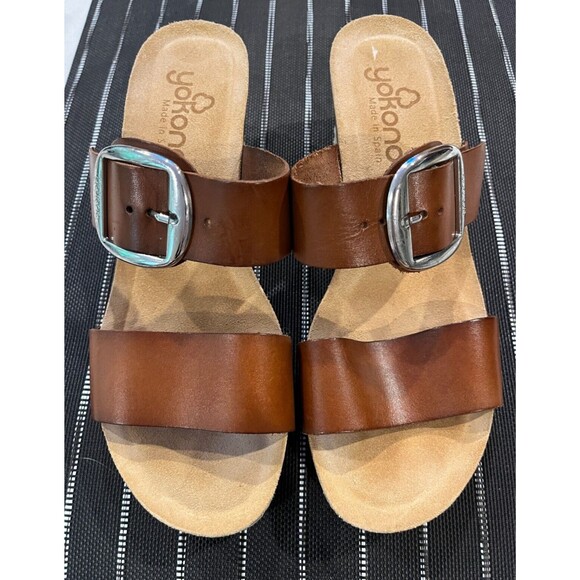 Yokono Cognac Leather Big Buckle Strappy Footbed Comfort Wedge Sandals Size 9 - Picture 1 of 11